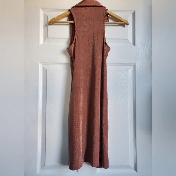 Just Polly Juniors Ruched Brown Slinky Sleeveless Collared Shirt Dress Size S - Picture 3 of 7